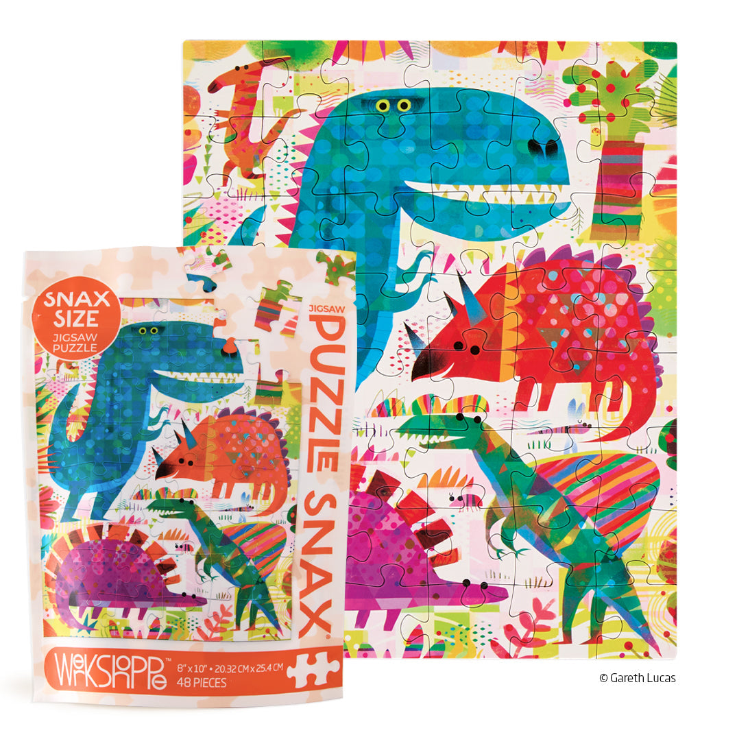 48-piece dinosaur puzzle with ribbon-cut pieces in a resealable pouch