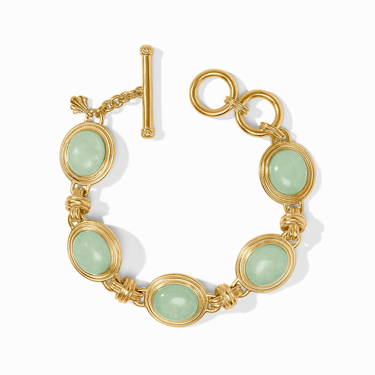 Adjustable Portofino stone bracelet with jade centerstone in gold plate finish featuring a toggle clasp.