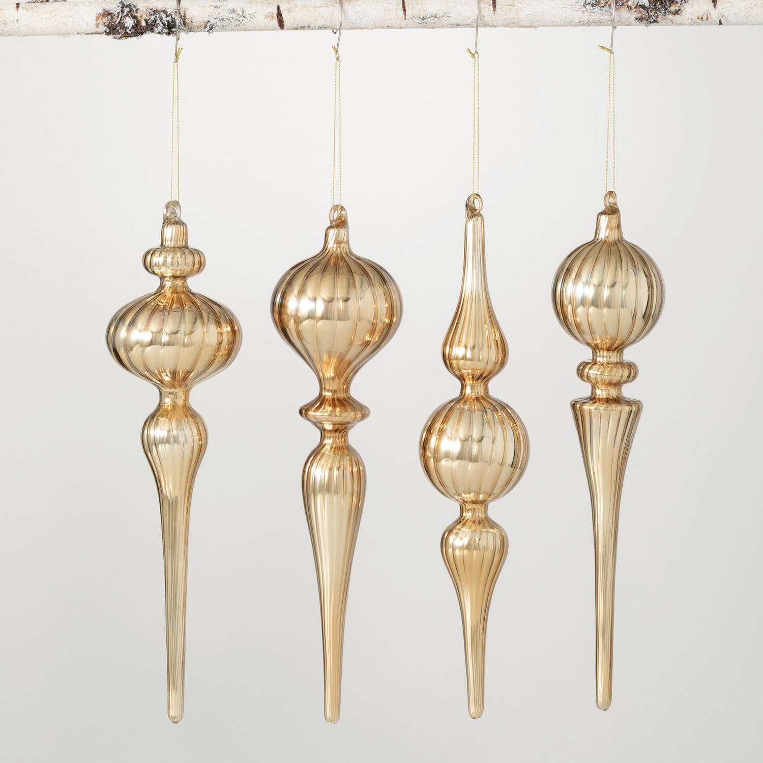 Twelve-inch gold glass finial drop ornament with a classic teardrop silhouette.