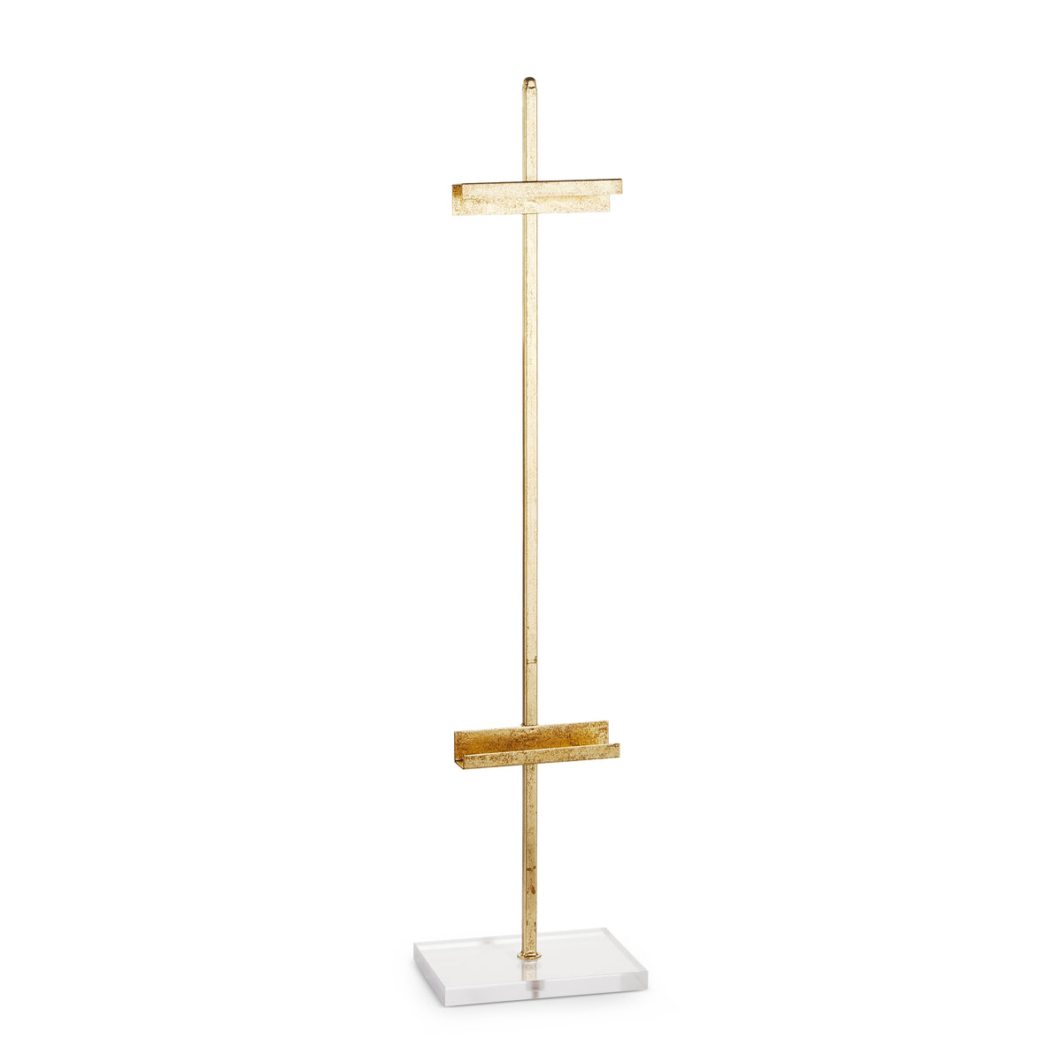 36-inch gold metal easel with clear acrylic base holding a framed item