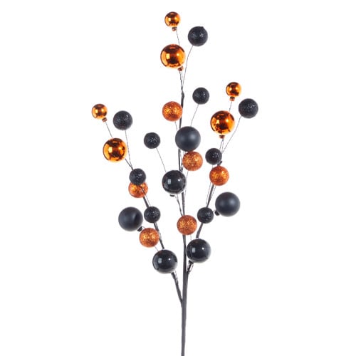 31-inch decorative spray with orange and black ornament balls on slender stems.