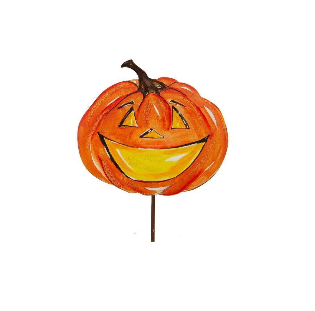 Orange Jack-O-Lantern stake decoration with carved pumpkin face silhouette.