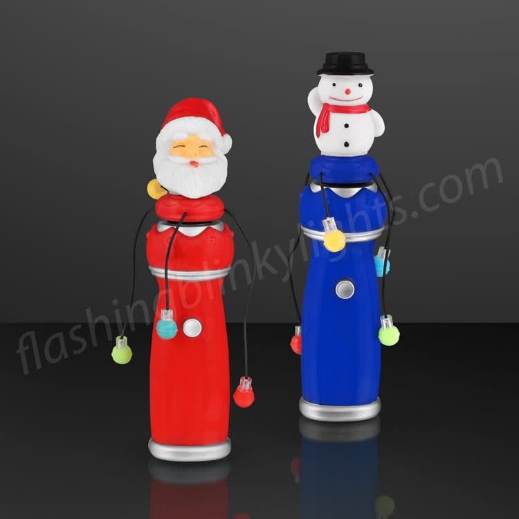 Two black handles with spinning multicolor LED beads in blue, orange, and red.