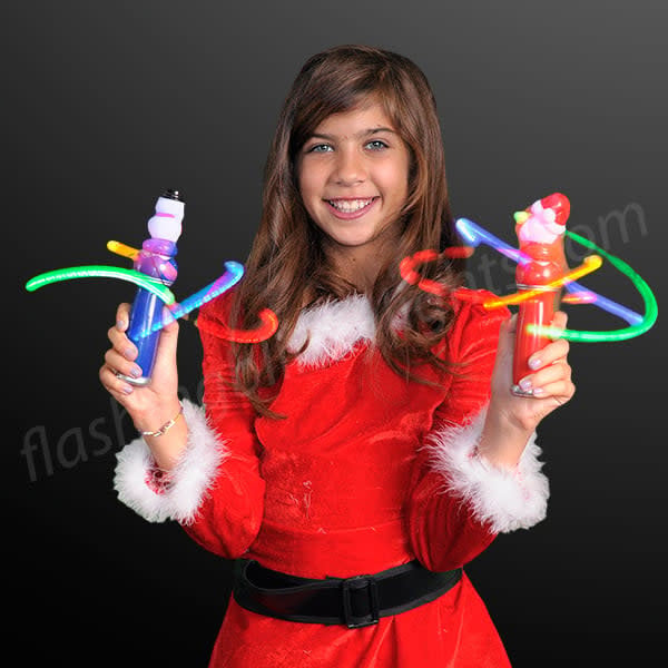 Blue handle Christmas toy wand with three orbiting LED beads in red, orange, and blue.