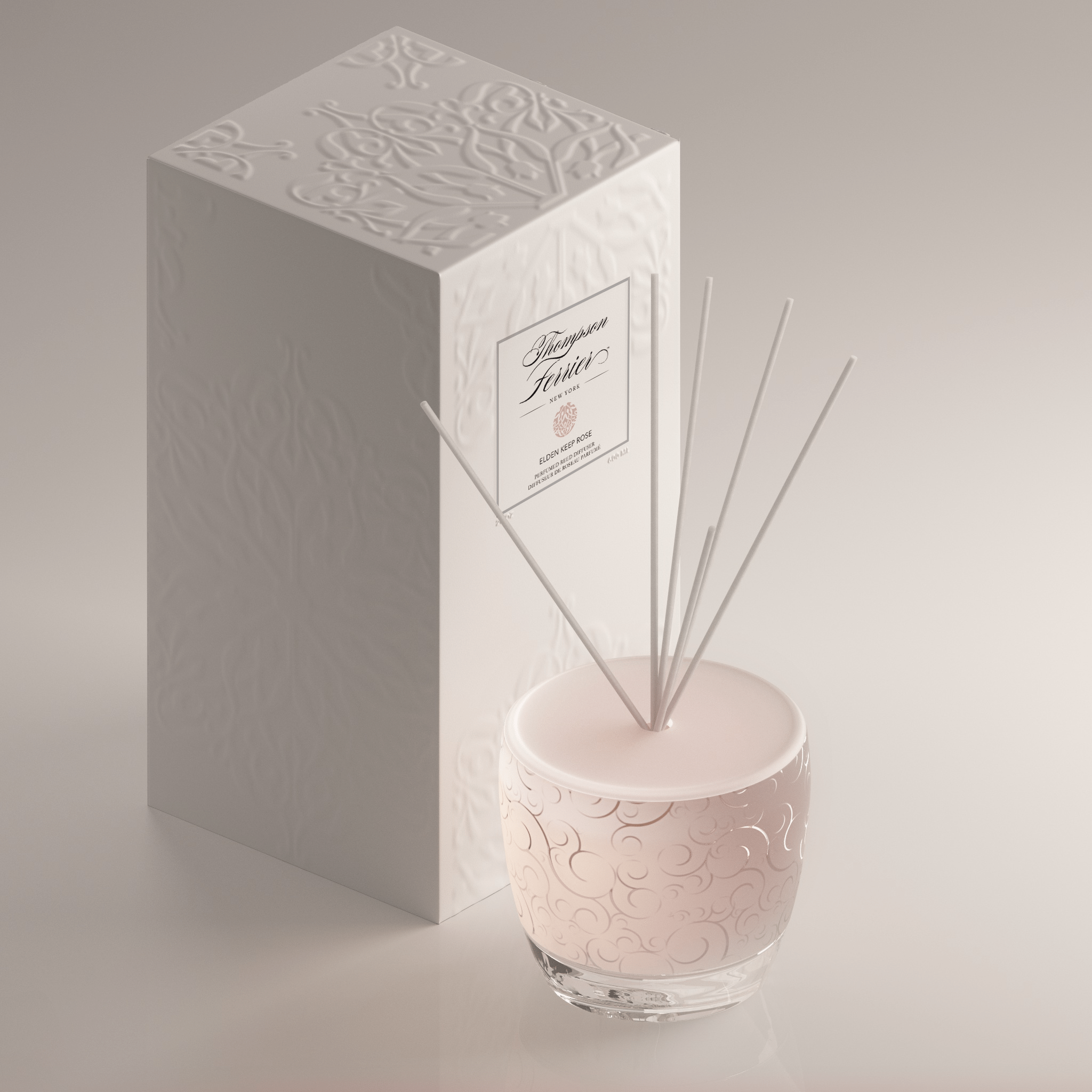 Elden Keep Rose Reed Diffuser with a clear glass bottle containing pink rose-scented liquid and bamboo reeds.