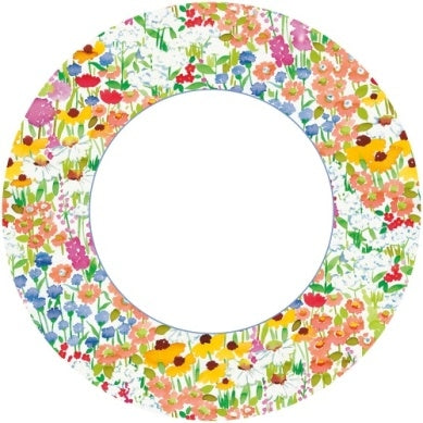Set of eight white paper dinner plates with a subtle floral print pattern.