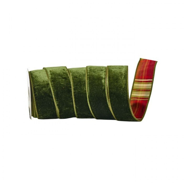 2.5 inch by 10 yard green velvet ribbon with a burgundy plaid backing on a spool.