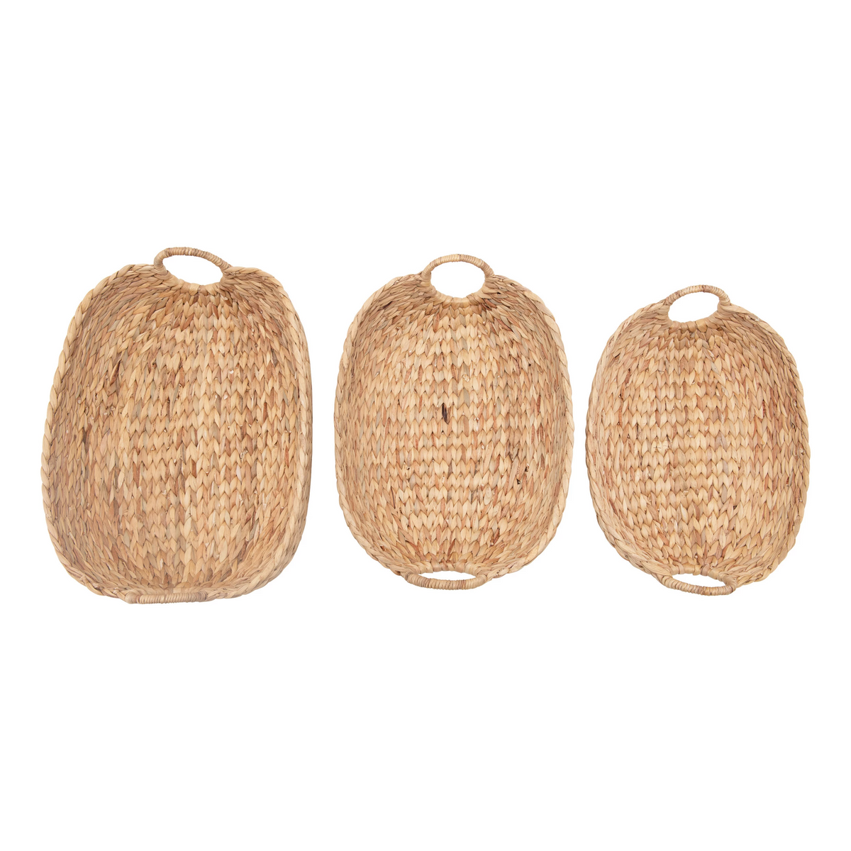 Hand-woven water hyacinth basket in natural beige with a cylindrical silhouette.