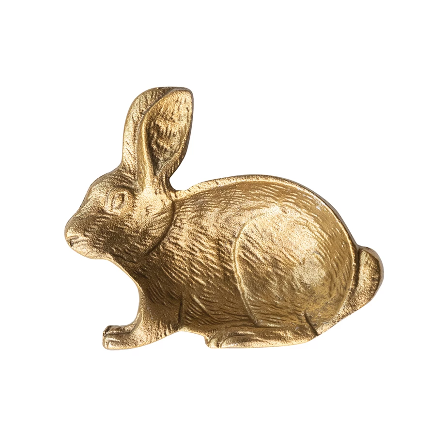 Gold-finished cast aluminum dish shaped like a rabbit.