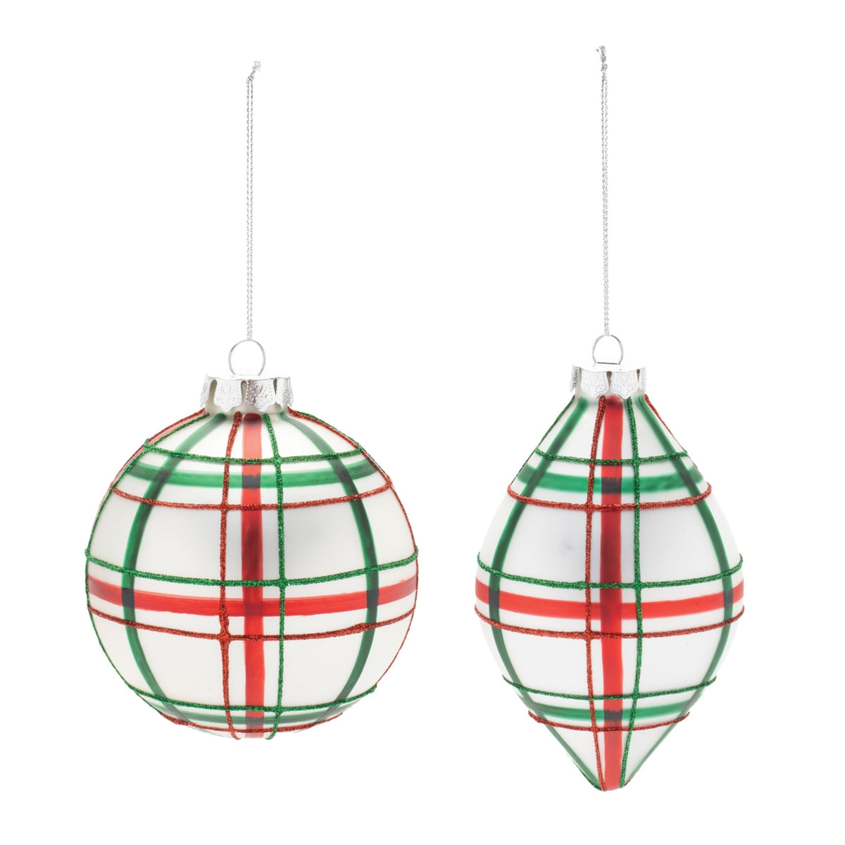 Glass Christmas ornament with red and green plaid pattern