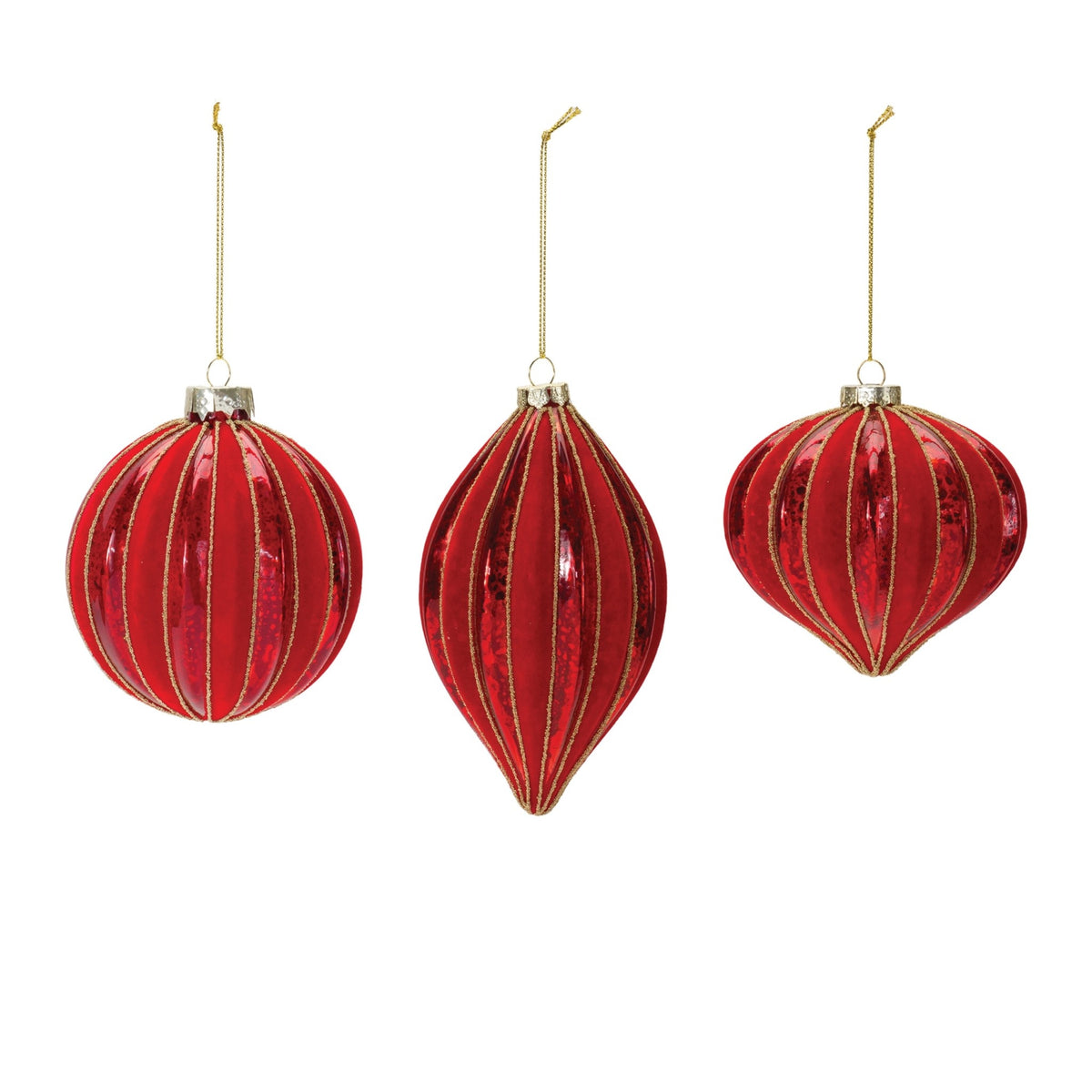 Red ribbed mercury glass Christmas ornament with gold string hanger
