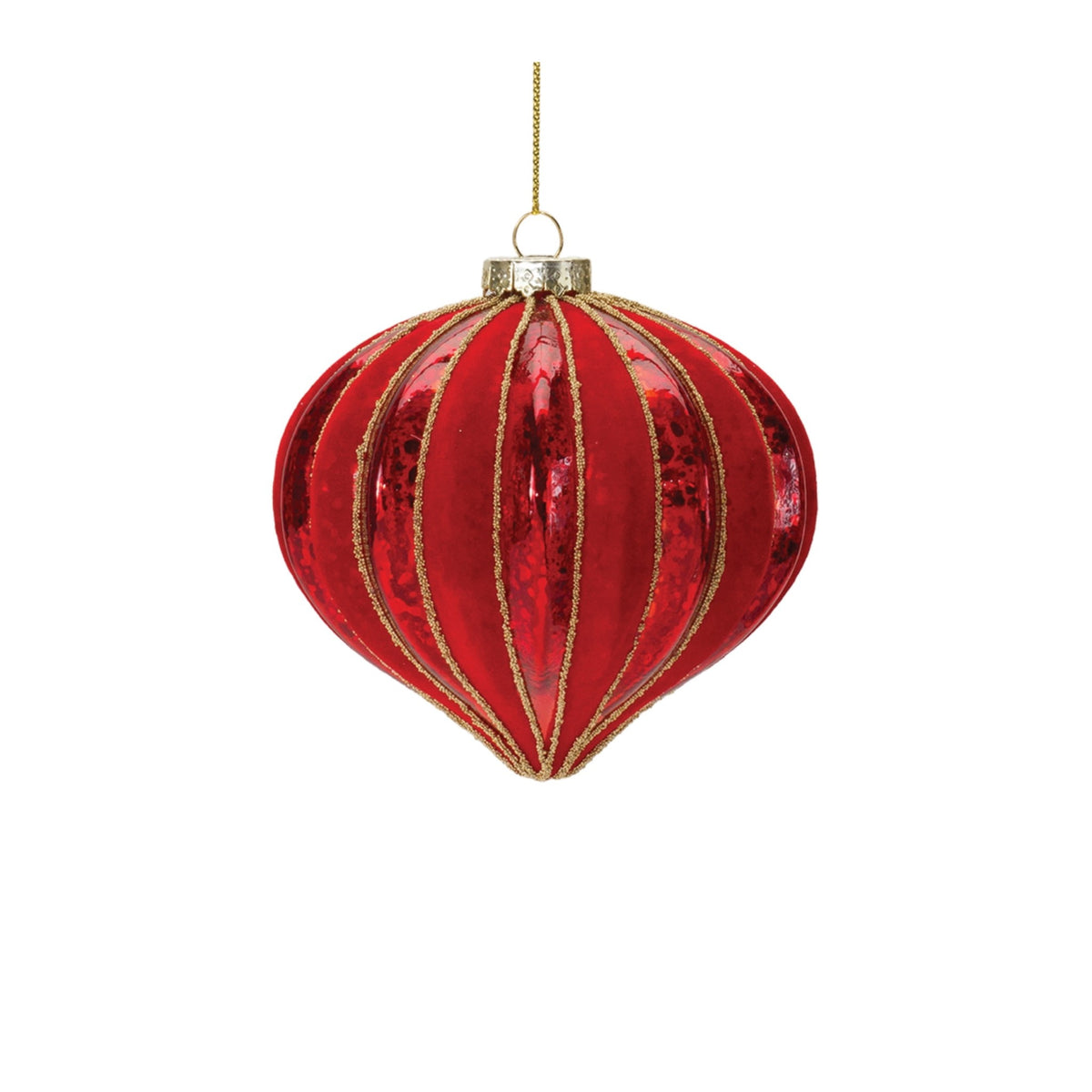 Red ribbed mercury glass Christmas ornament with gold string hanger