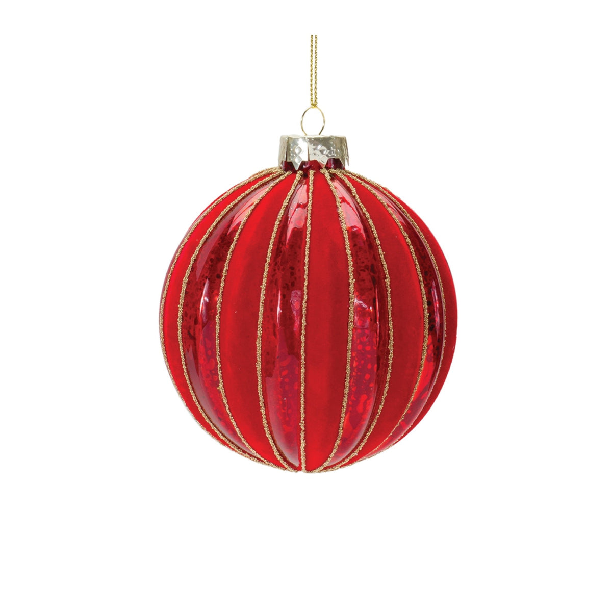 Red ribbed mercury glass Christmas ornament with gold hanging string