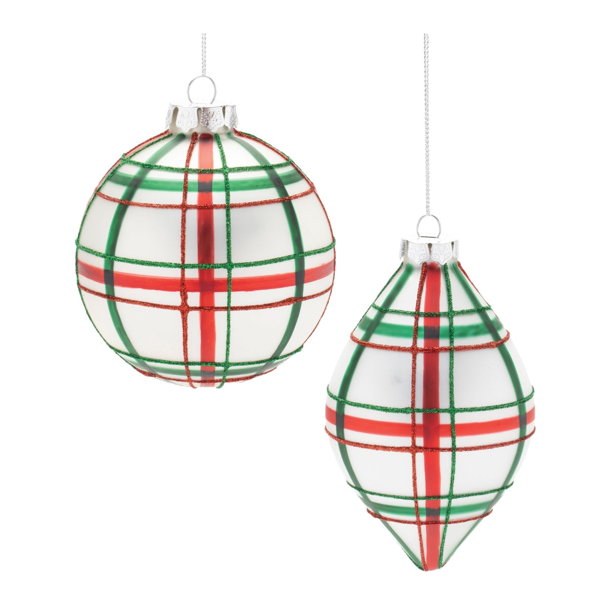 Glass Christmas ornament with red and green plaid pattern