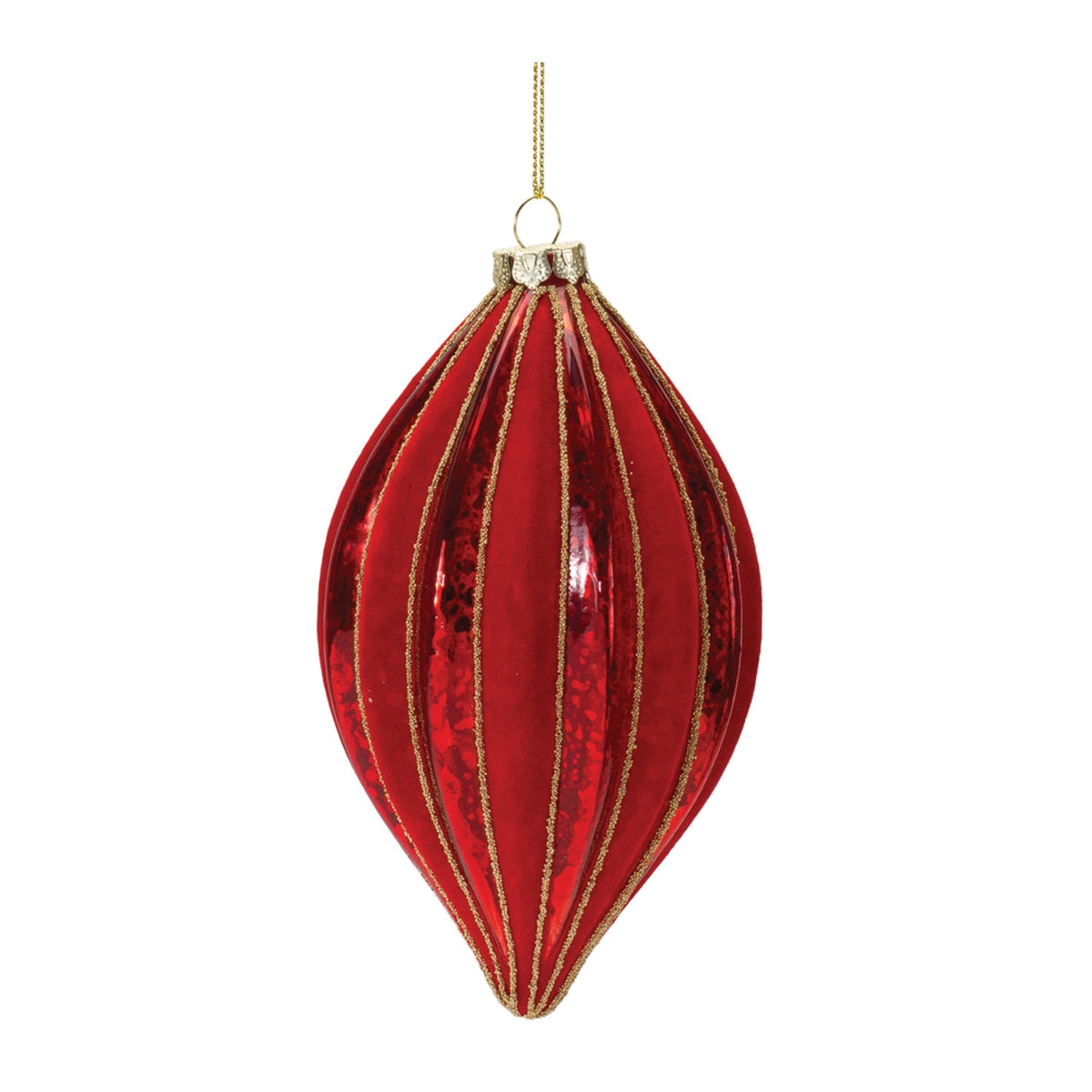 Red ribbed mercury glass Christmas ornament with gold hanging string