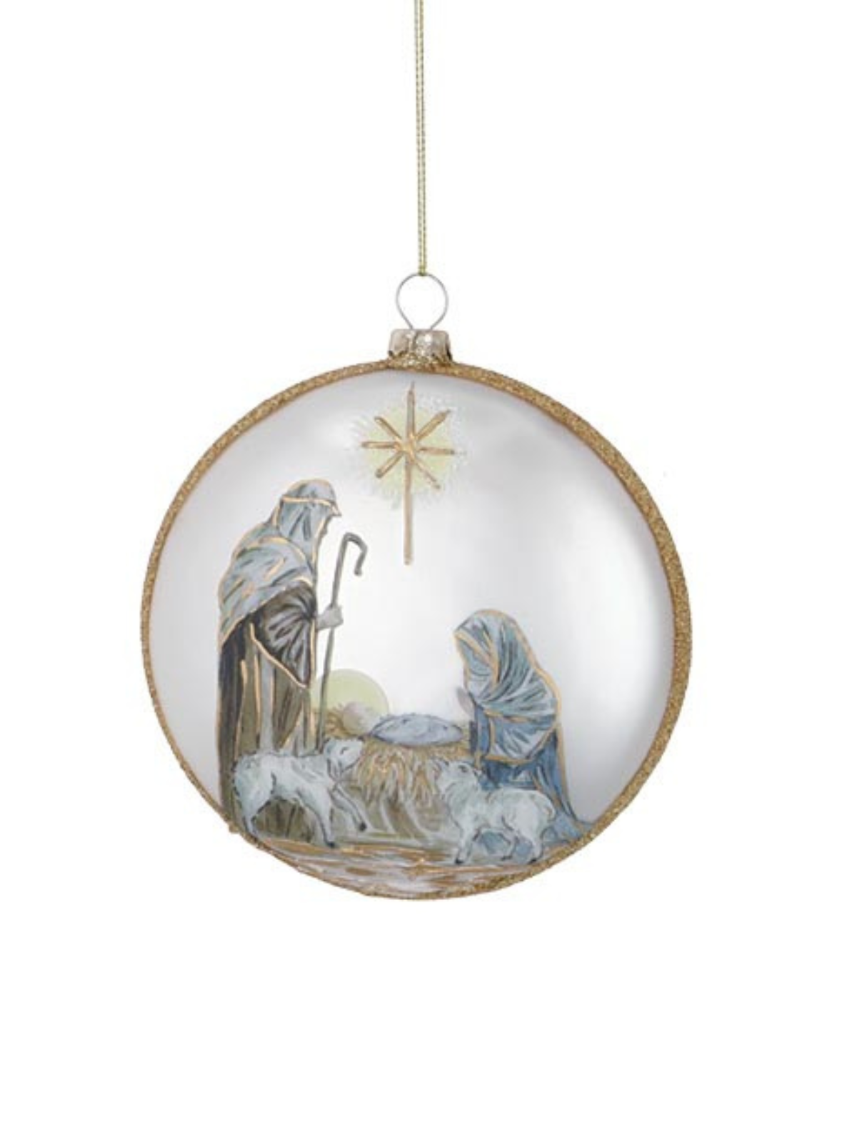 Glass ornament shaped like a Holy Family group with serene expressions against a soft background.