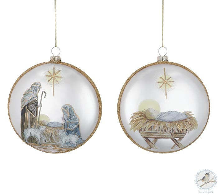 Glass ornament with a serene scene depicting humble hope on a dark background.
