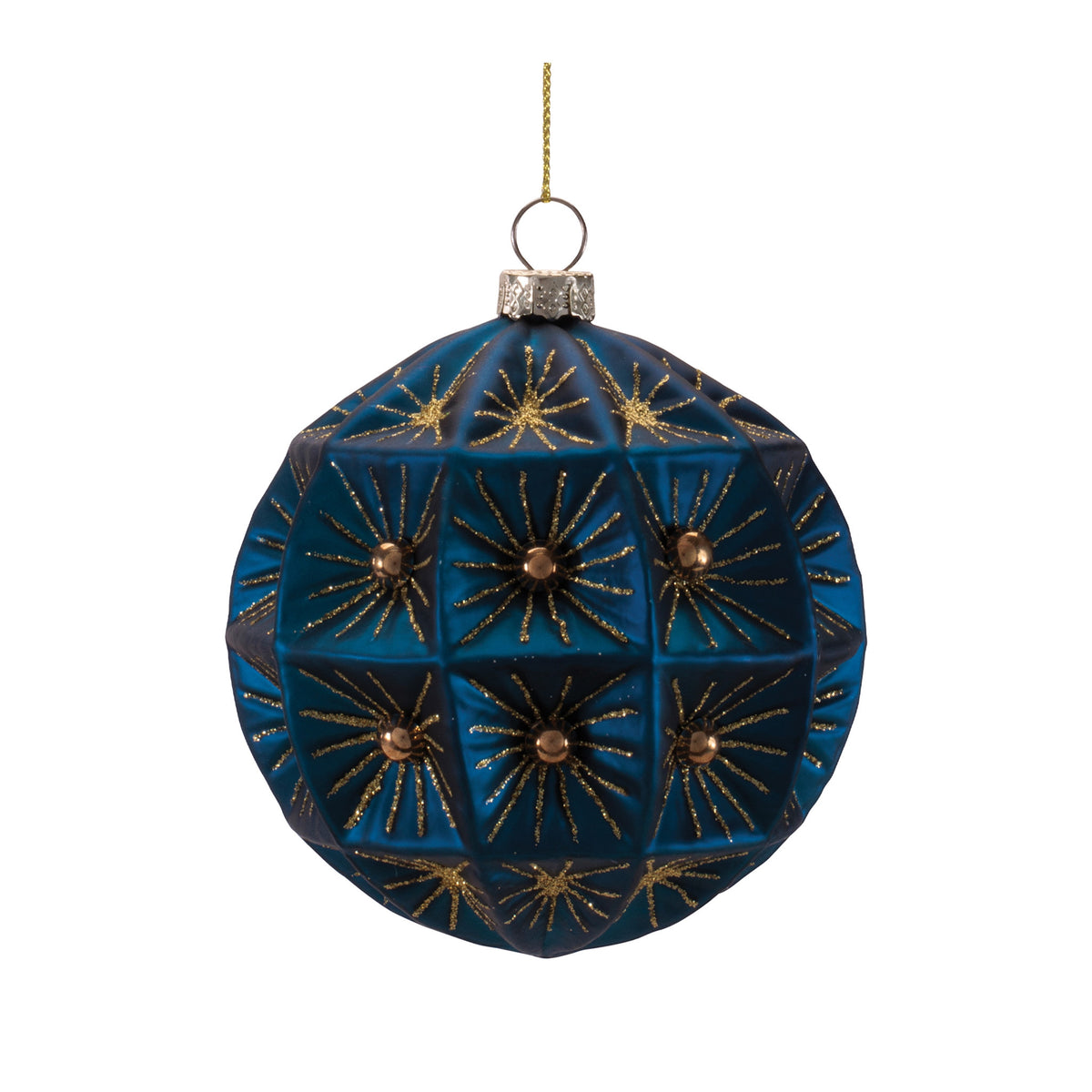 Hand-painted round glass ornament with starburst pattern in celestial colors.