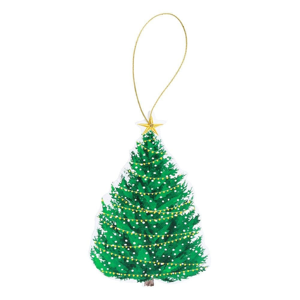 Die-cut Christmas ornament tag with lights on a tree