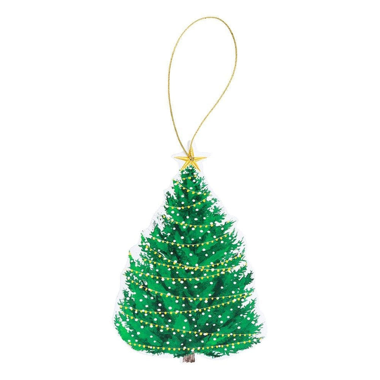 Die-cut Christmas ornament tag with lights on a tree