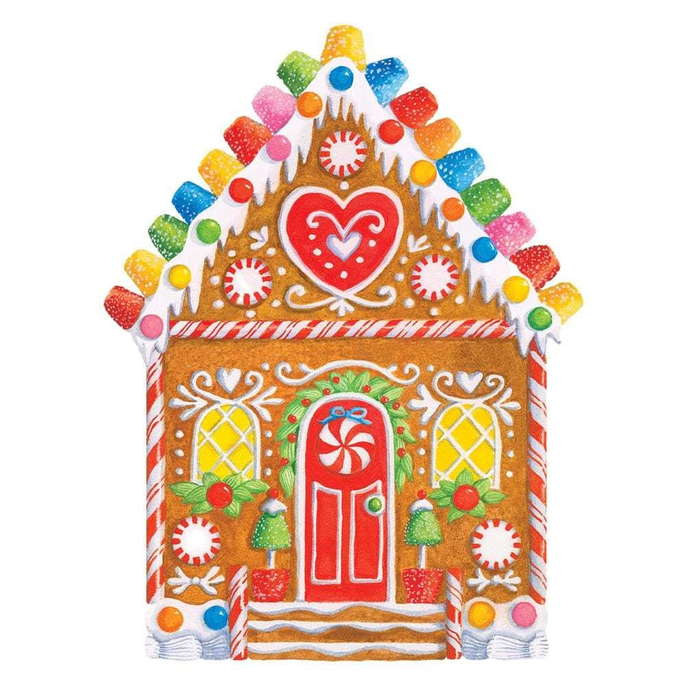 Die-cut gingerbread house ornament tag made from high-quality cardstock with printed festive pattern.
