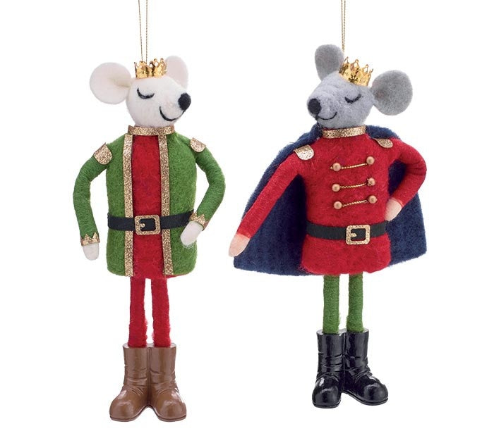Handcrafted wool mouse nutcracker ornament in festive attire with wire frame.