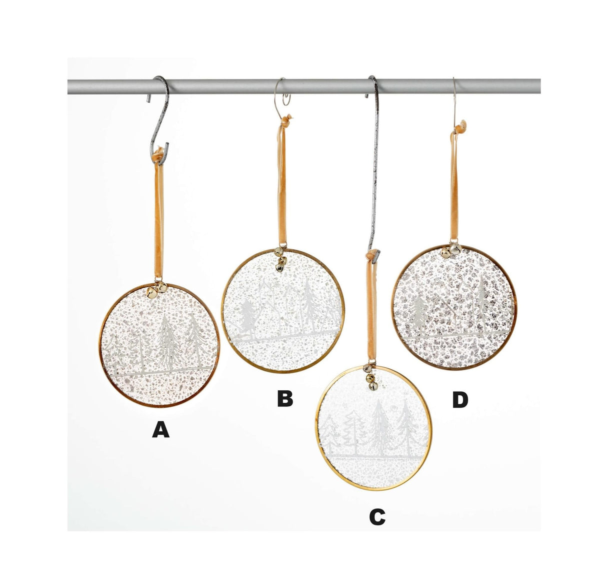Glass Christmas tree ornament with white Scandinavian hygge design hanging from a gold ribbon.