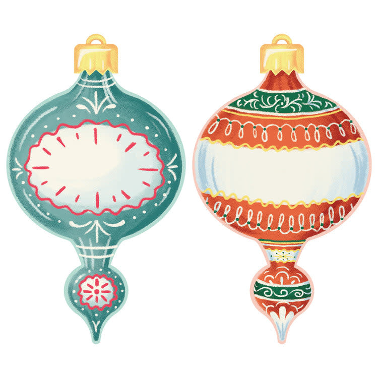 Double-sided table accent featuring a set of twelve ornaments with festive designs on both sides.