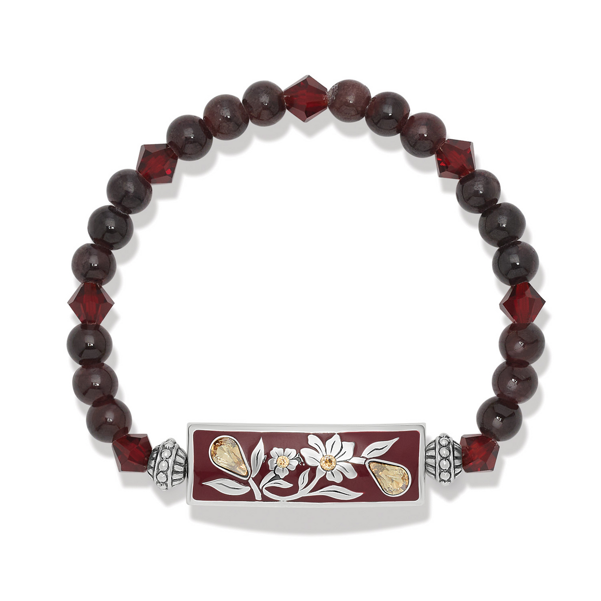 Everbloom Flora stretch bracelet with dark red beads, faceted crystals, and a floral enamel bar.