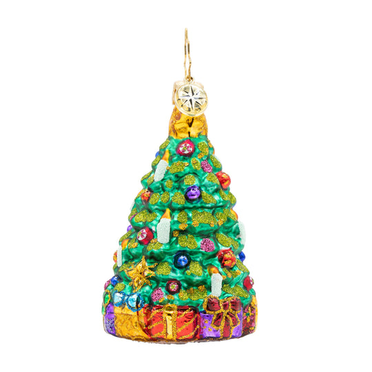Twinkling Tree Gem glass Christmas tree ornament with colorful baubles and gifts at the base.