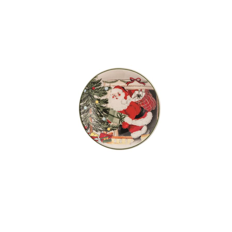 Round stoneware tidbit plate featuring a vintage Santa Claus placing a gift under a Christmas tree.