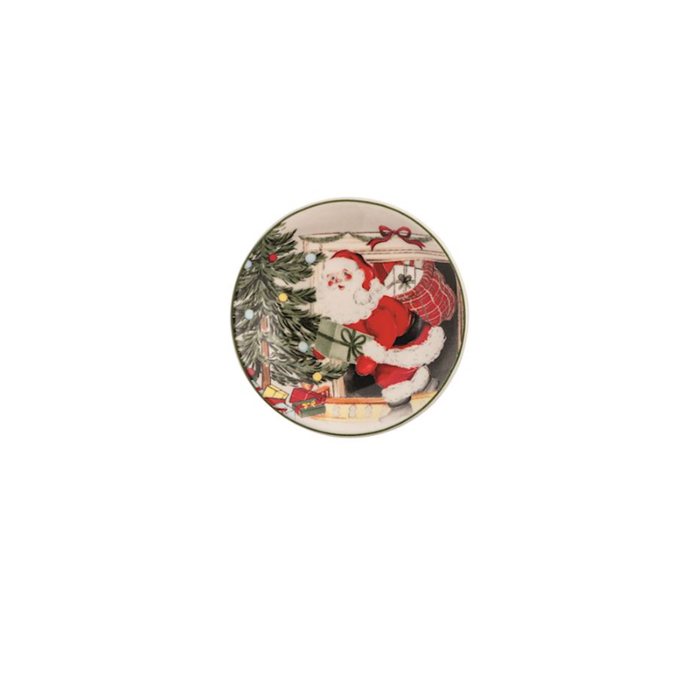 Round stoneware tidbit plate featuring a vintage Santa Claus placing a gift under a Christmas tree.