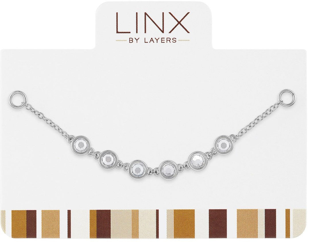 Silver LINX add-on chain featuring six bezel-set round crystals on a white display card.