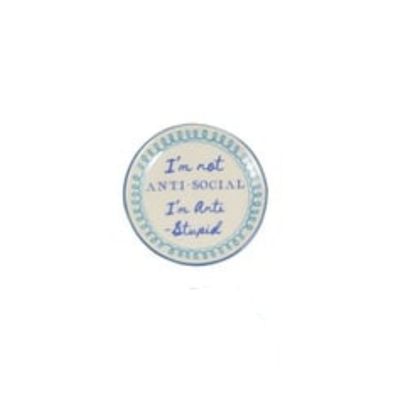 Round hand-painted stoneware magnet with blue script saying "I'm not ANTI-SOCIAL I'm Anti-Stupid".