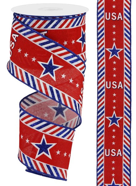 White polyester ribbon with red diagonal border stripes on a blue background.