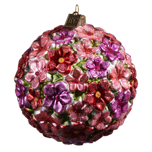 EC 4-inch pink and purple glass blossom ball ornament with glitter accents.