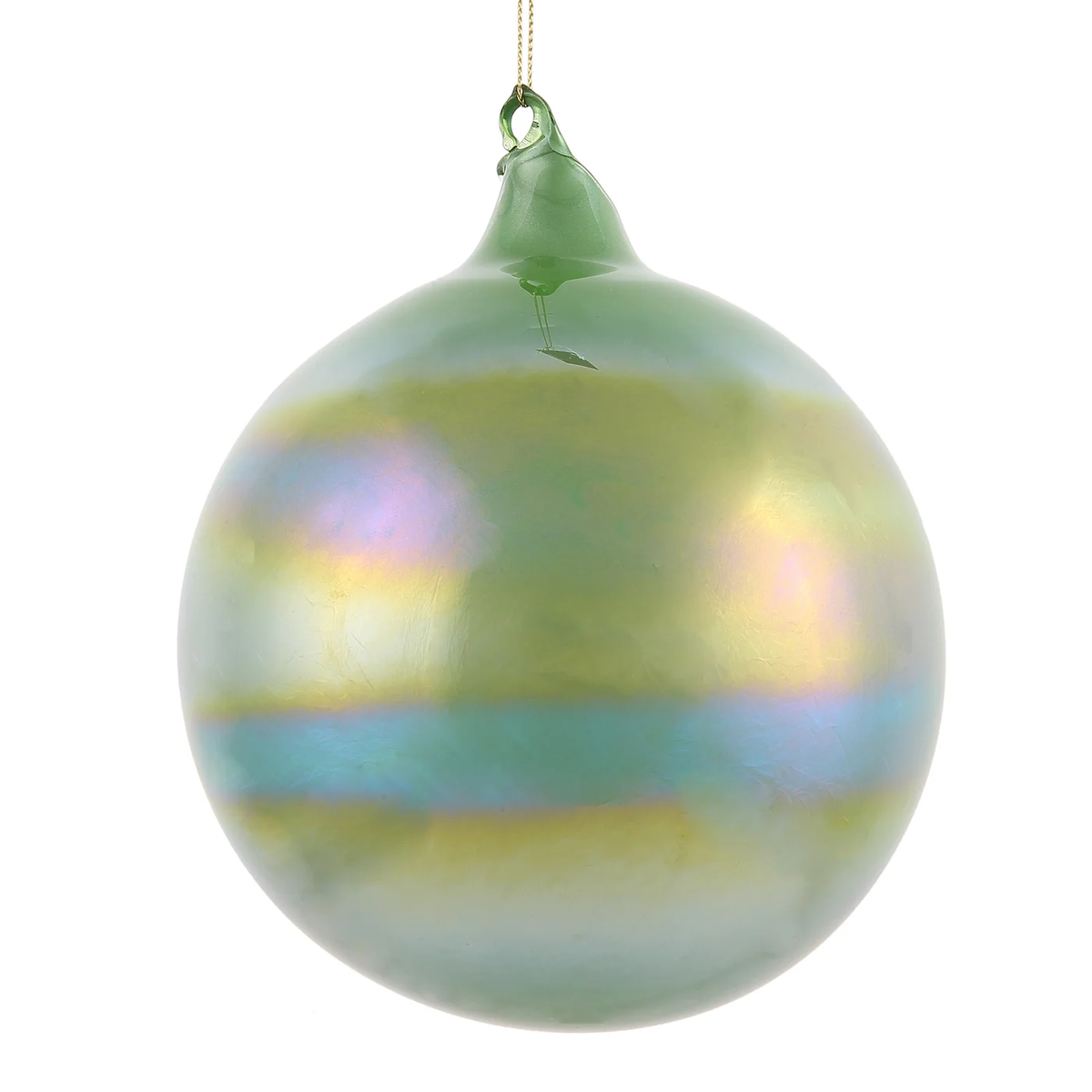 150mm evergreen pearl glass ball ornament with an iridescent finish and gold hanging string.