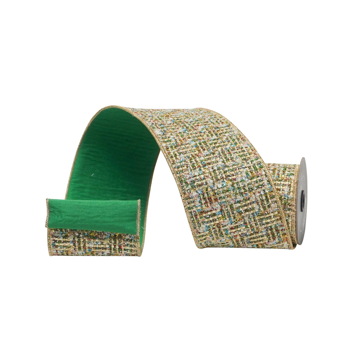 Green tinsel tweed ribbon measuring four inches wide by ten yards long.