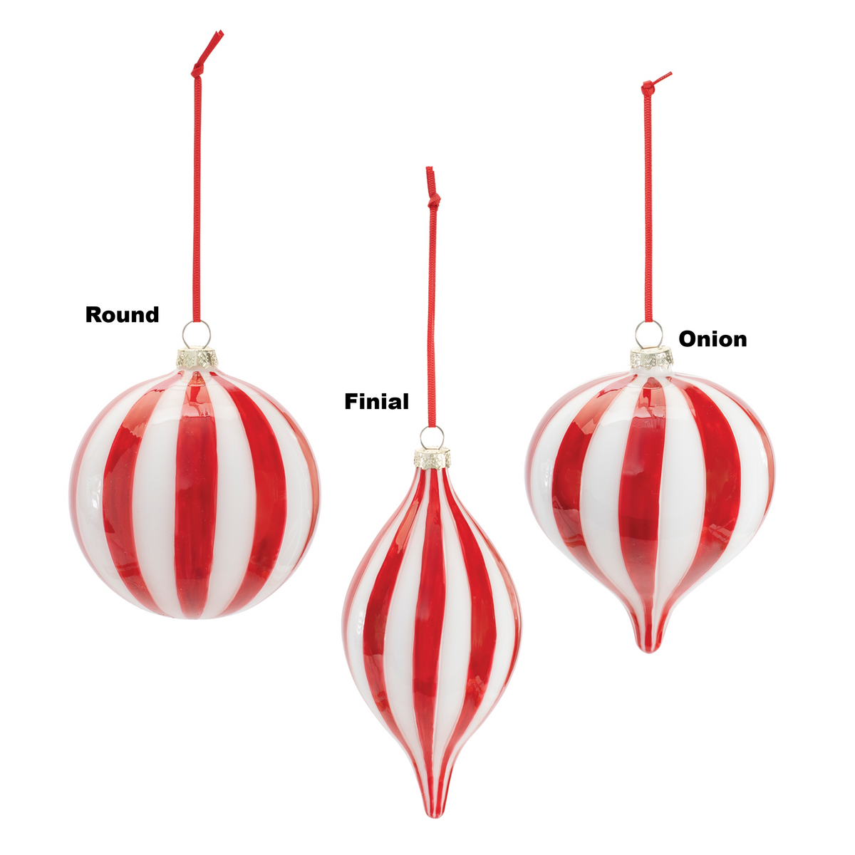 Three red and white striped glass ornaments in round, finial, and onion shapes.
