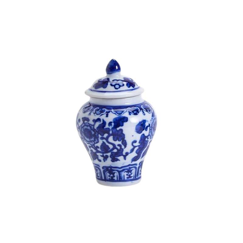 Mini blue and white ceramic ginger jar with floral patterns and a matching lid.