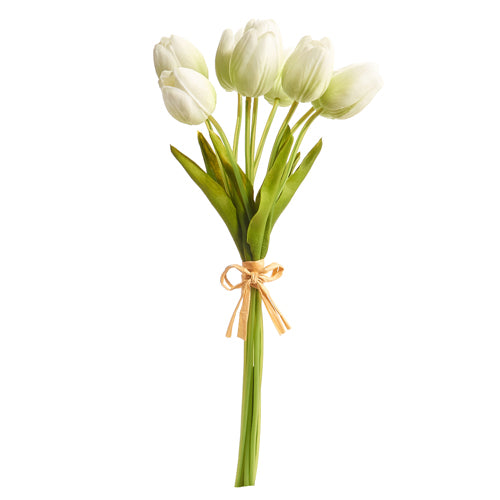 Bundle of nine light green polyester tulip decorations with plastic stems measuring fifteen inches long.