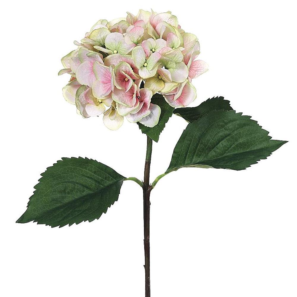 Artificial hydrangea spray with green foliage in a naturalistic cluster silhouette.