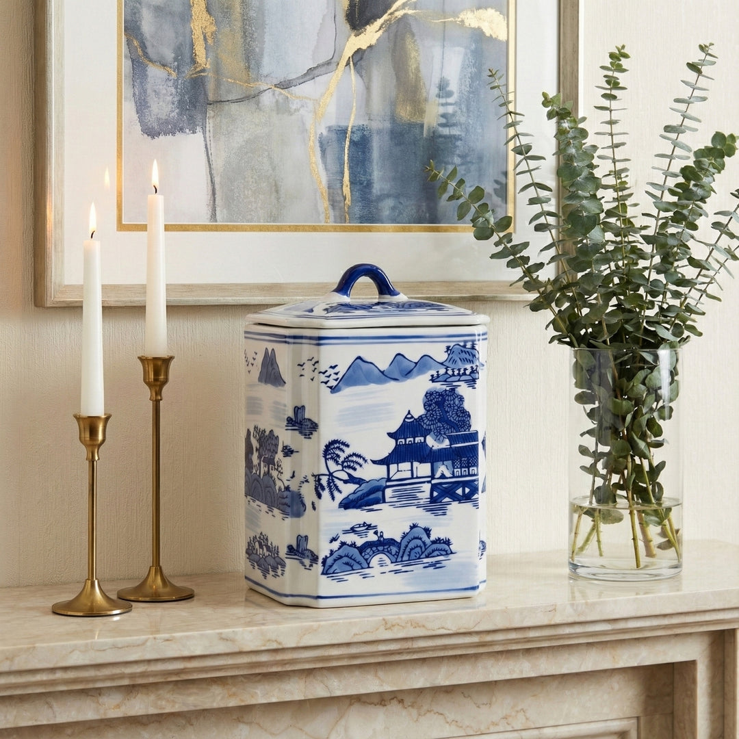 8 in. Blue Ceramic Rectangular Lidded Decorative Jar