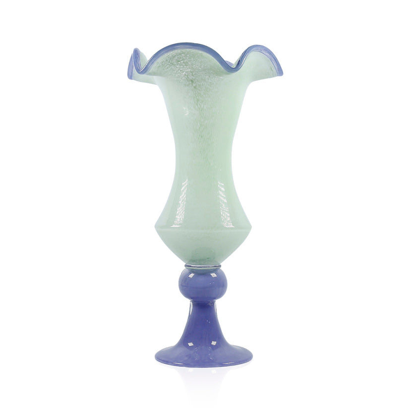 Clear glass Easter vase with a cylindrical shape measuring approximately seven-and-a-half inches in diameter and sixteen inches tall.