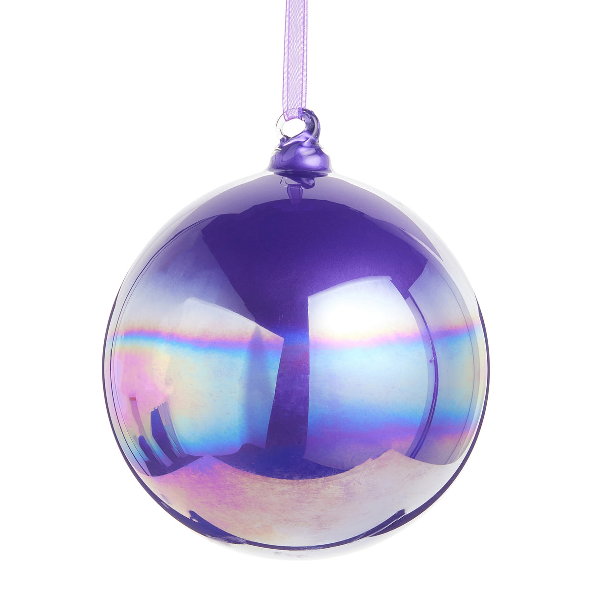 Purple iridescent glass ball ornament hanging from a matching ribbon.