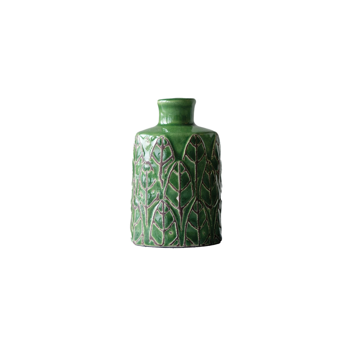 Embossed stoneware vase in neutral tone with textured surface.