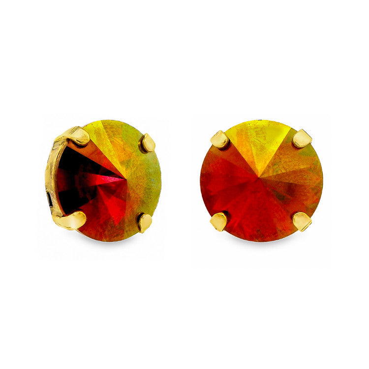 Antique gold-plated stud earrings with large clear crystals on surgical steel posts.