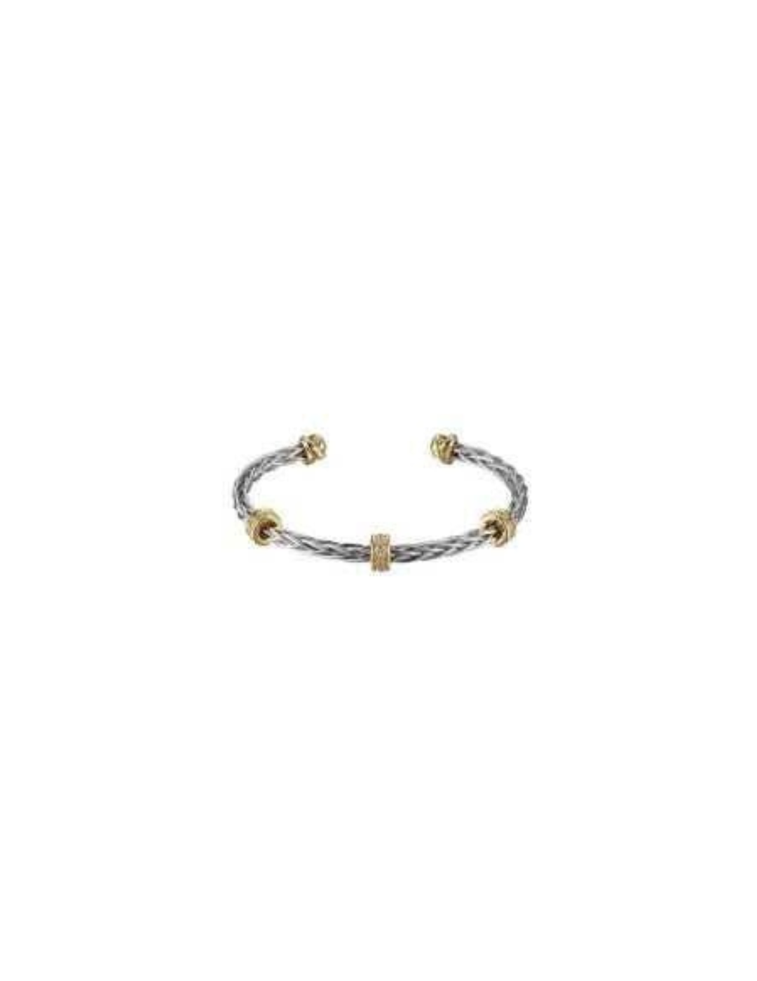 Two-tone twisted cable cuff bracelet with silver-colored strands and gold-colored accents.