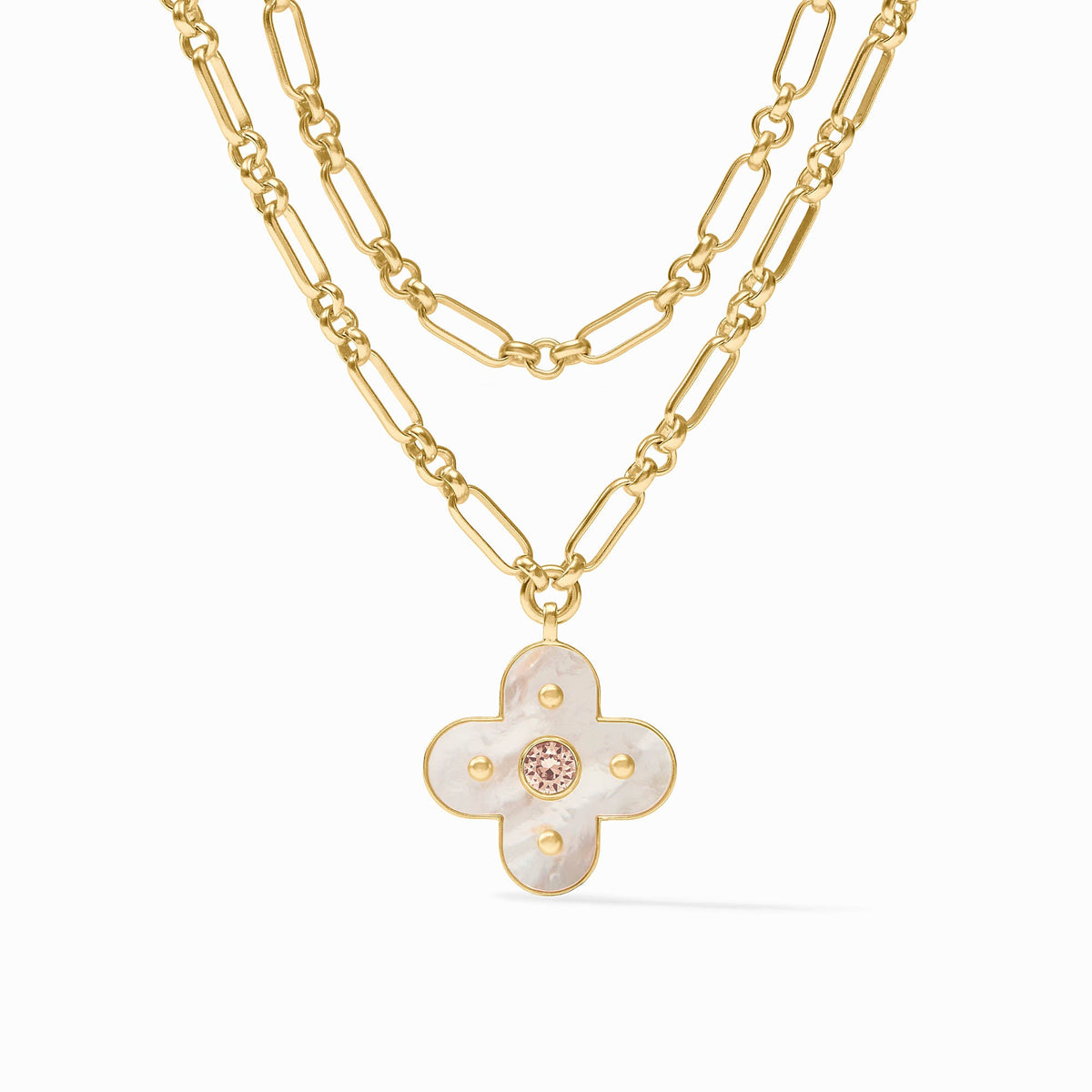Adjustable Colette statement necklace with polished gold plate, cubic zirconia stones, and mother-of-pearl pendant.