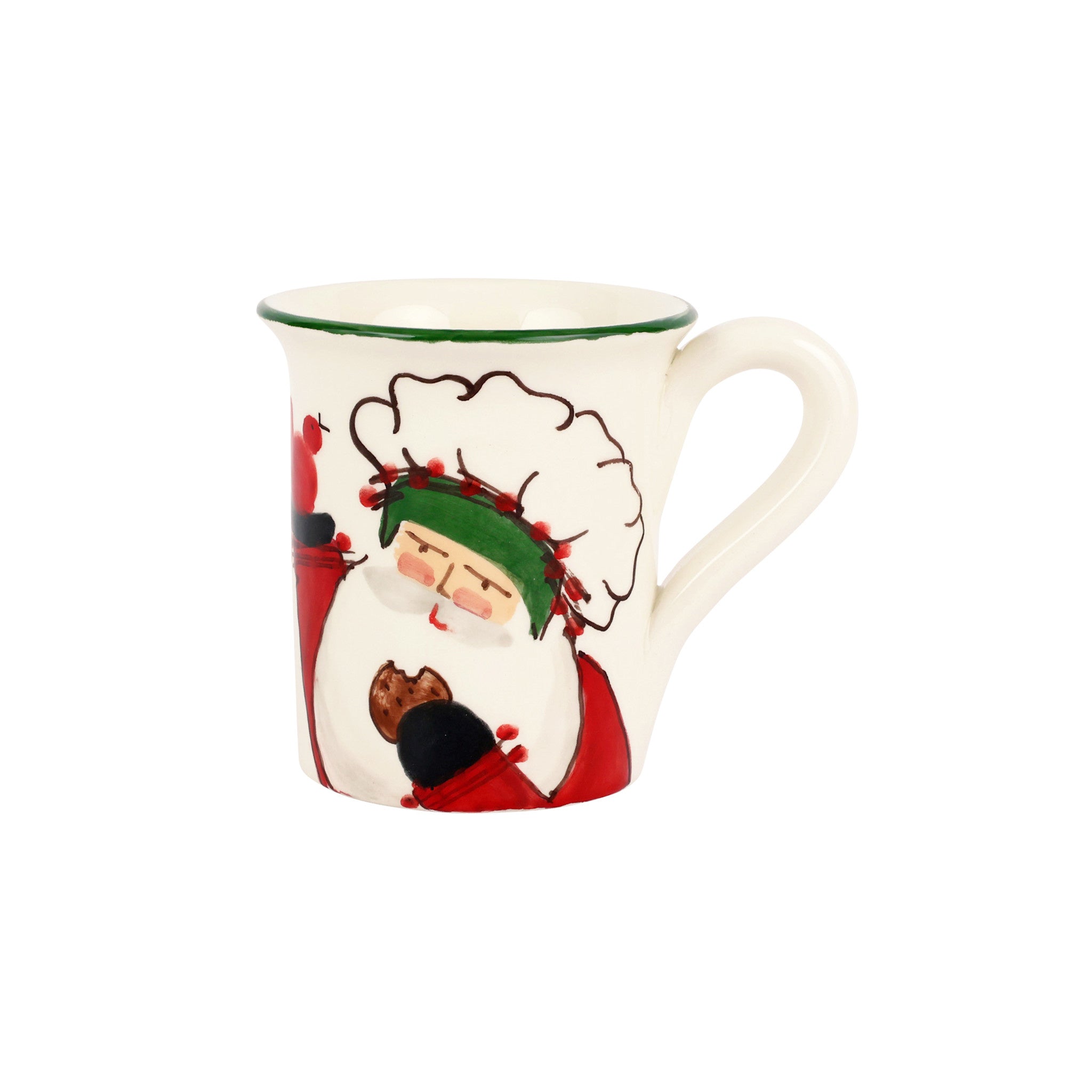 White ceramic mug featuring Old St. Nick illustration with a red bird pouring sugar and spice.